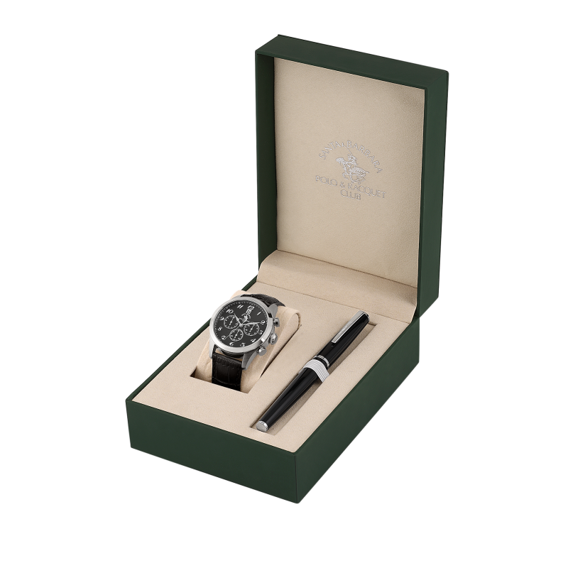 Santa Barbara Polo & Racquet Club Noble Black Genuine Leather Watch and Pen Set for Men SB.1.10551-1