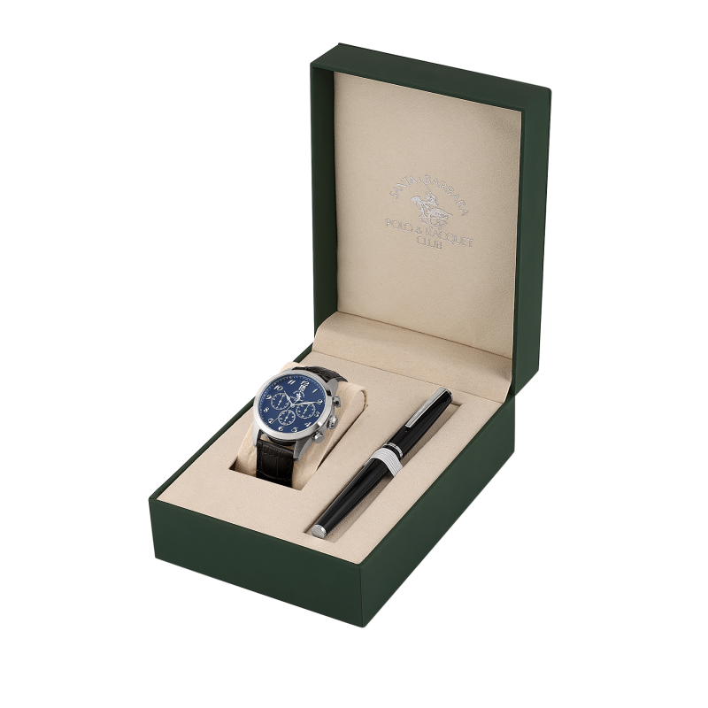 Santa Barbara Polo & Racquet Club Noble Dark Brown Genuine Leather Watch and Pen Set for Men SB.1.10551-2