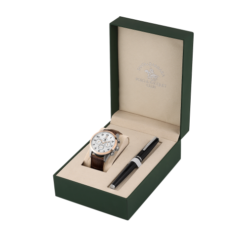 Santa Barbara Polo & Racquet Club Noble Brown Genuine Leather Watch and Pen Set for Men SB.1.10551-4